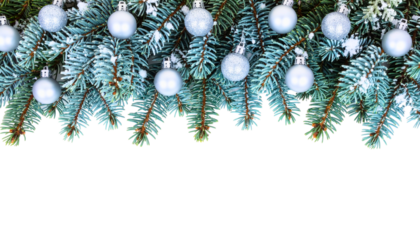 Snow-covered white Christmas branch border with silver and icy crystal decorations, cool frosty aesthetic, premium vector-art 3D hybrid, isolated on transparent background PNG.
