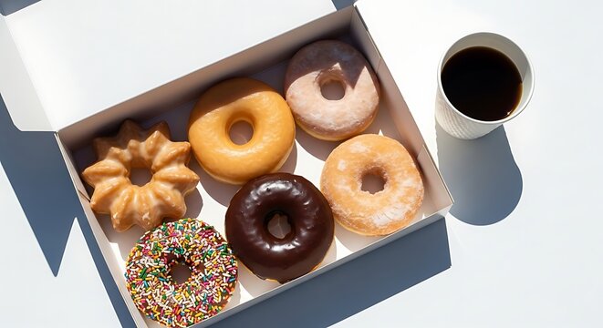 Box of assorted donuts with coffee cup isolated on white background - Powered by Adobe