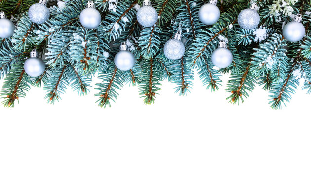 Snow-covered white Christmas branch border with silver and icy crystal decorations, cool frosty aesthetic, premium vector-art 3D hybrid, isolated on transparent background PNG.
