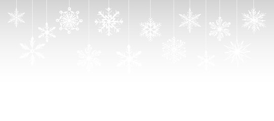Cartoon vector illustration of floating white snowflakes on a panoramic transparent background. Background for winter banners and holiday decorations