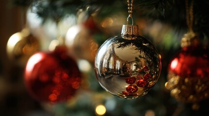 Close up of shiny Christmas tree ornaments reflecting warm indoor lights and greenery