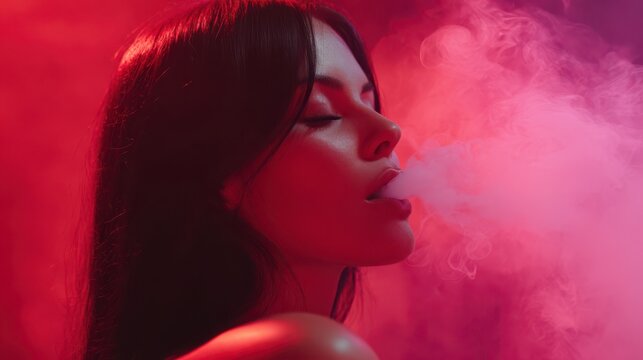 A Woman Exhales Smoke in Red Hues: Close-up of a woman's face with closed eyes as she exhales a cloud of smoke, illuminated by dramatic red and pink lighting, creating a moody and atmospheric scene.
