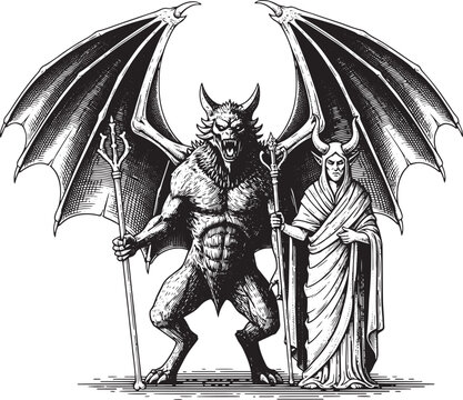 Engraving Depicting Demon King and His Priestess Holding Ceremon