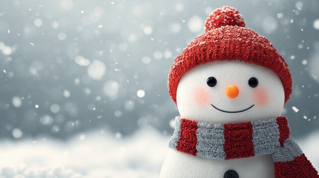 Adorable smiling snowman wearing a red knitted hat and a striped scarf against a winter snowfall - Powered by Adobe