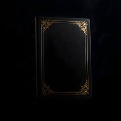 Elegant antique leather-bound book with stunning gold embossed frame resting in dramatic darkness