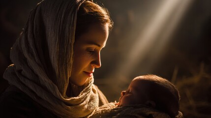 A tender moment between a mother and her newborn baby bathed in soft light
