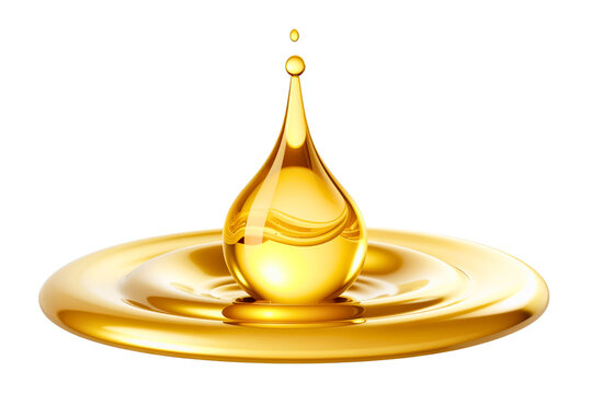 3D vector-art golden oil drop splashing into liquid, creating smooth ripple rings, glossy metallic shine, isolated on transparent background PNG.