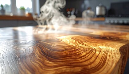 Steam rising from polished wood against dark background