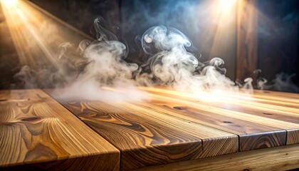 Steam rising from polished wood against dark background