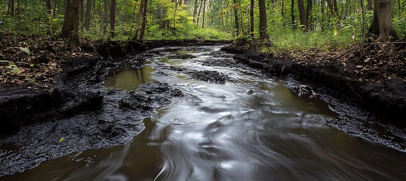 Flowing dark water or mud in a forest path or track with green trees in the background