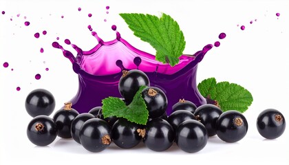 Purple juice splash with blackcurrants and green leaves