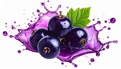 Purple juice splash with blackcurrants and green leaves