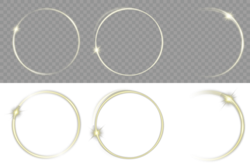 Futuristic minimal light art Magic aura golden circle clipart isolated on transparent background for luxury design and decoration. Golden Light Ring on Transparent Background. Gold glowing ring PNG.