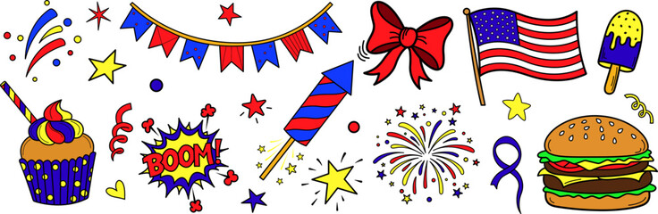 Colorful hand drawn fourth of july celebration doodle set with fireworks flag burger bunting and patriotic elements collection