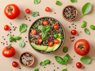 Colorful healthy quinoa bowl with fresh vegetables flat lay. AI-generated.