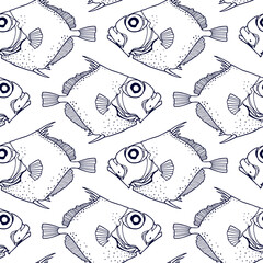 Vector seamless pattern hand drawn illustration of a deep sea fish made in graphic style. Ink drawing, beautiful design elements. Perfect print for any business related to the fish industry.
