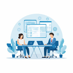 Fototapeta premium Office teamwork with man and woman working on laptops