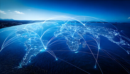 Illustration of information flying around in a blue world