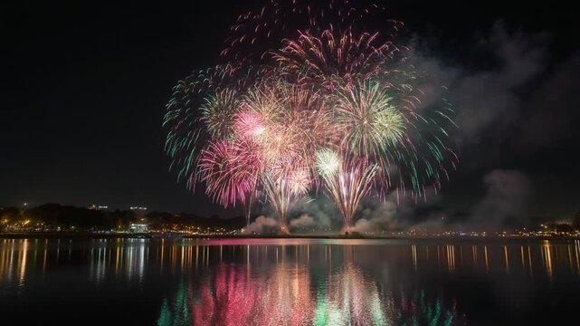 Nighttime Fireworks Over Water Reflections Celebration Video.