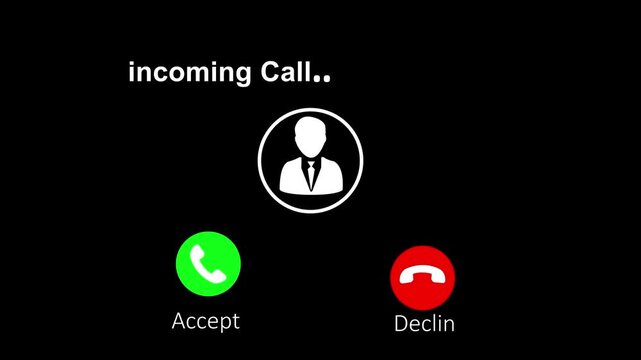 Mobile phone screen with incoming call animation .Incoming Call Screen Animation with Accept and Decline Option And Copy Space Placement on Black Background.4k animation motion graphic veideo..