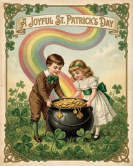 A charming vintage St. Patrick's Day greeting card. Children in retro outfits discover a pot of gold coins at the end of a colorful rainbow.