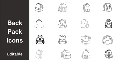 Assorted Backpack Icons (16 Count) for Travel and Utility Categorization, Simple Gear Graphics