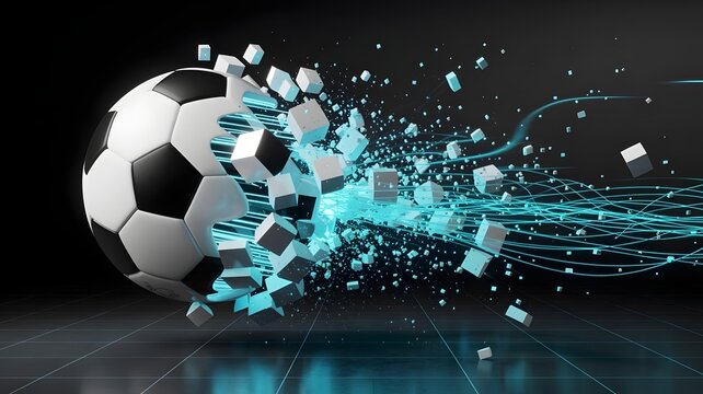 Exploding soccer ball transitioning into pixelated digital cubes – Great for virtual reality and sports tech. - Powered by Adobe