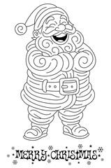 Cheerful Santa Claus drawn in decorative line art style with &ldquo;Merry Christmas&rdquo; text below, holiday ,line,art,cards, coloring pages, festive,designs, christmas, santa, lineart, outline, holiday,xmas,