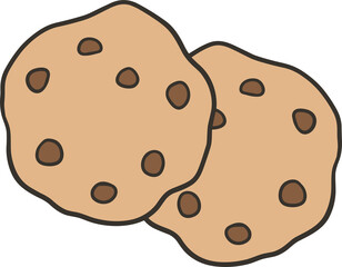 Two cartoonstyle chocolate chip cookies with dark brown outlines