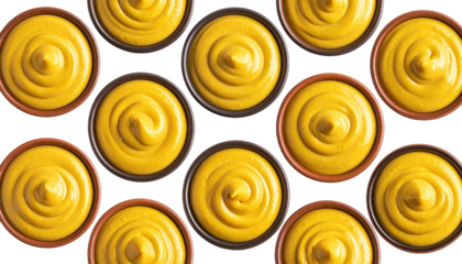 Close-up of multiple small bowls filled with bright yellow condiment