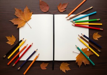 Autumn leaves and colored pencils arranged around an open blank notebook on a wooden table, evoking creativity and seasonal inspiration