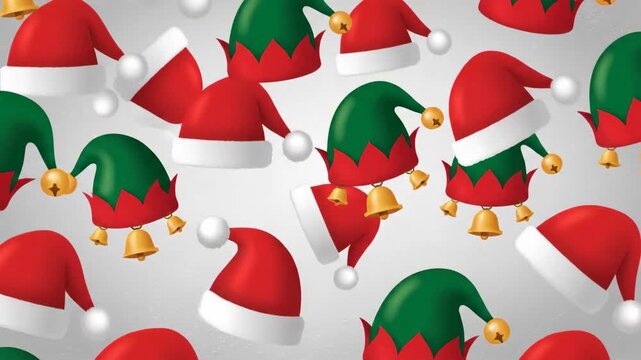 Festive holiday caps with gold bells in overhead composition