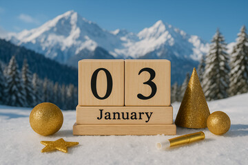 03 January Wooden Calendar in Snow with Mountain Landscape and Golden Decorations