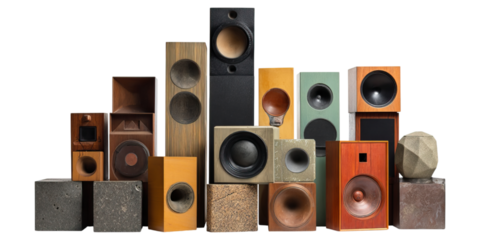 Pile of vintage speakers stacked in collection concept. A vibrant arrangement of various speaker designs and shapes.