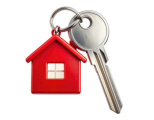 A silver key hangs with a red house keychain against a black background