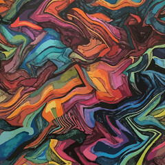 Abstract colorful liquid swirl background with vibrant distorted waves. Psychedelic fluid art texture featuring bold, multi-colored painting strokes. Modern grunge marble pattern suitable for textile