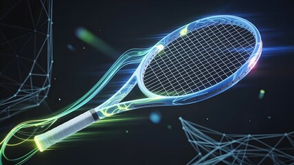 Tennis racket glowing with vibrant blue data mesh energy – Suitable for futuristic sports, high-tech fitness, or digital athleticism.
