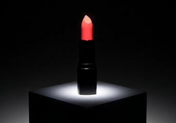 A vibrant red lipstick with a glowing tip, dramatically lit against a dark background on a pedestal