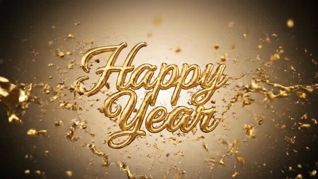 Golden liquid pouring, splashing over happy year text, forming a dynamic festive new year liquid typography for celebration.