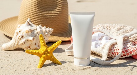 Sunscreen tube with starfish, seashell, and hat on sand at the beach
