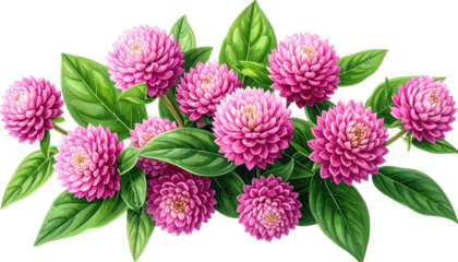 A cluster of vibrant pink globe amaranth blossoms with green leaves