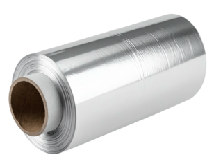A cylinder of shiny, rolled metal sheet material on a cardboard core