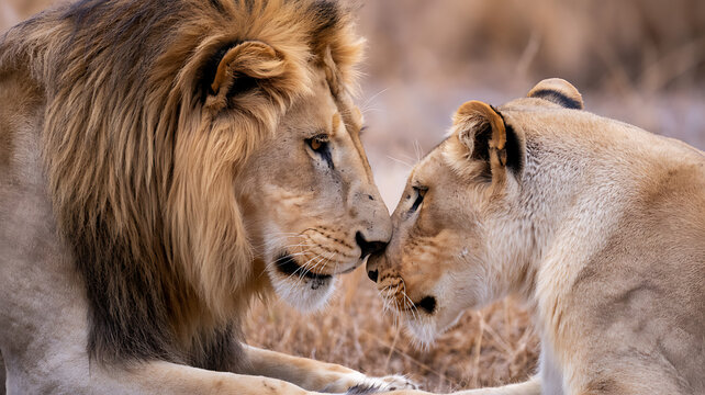 Lion couple nuzzling in savannah - Powered by Adobe
