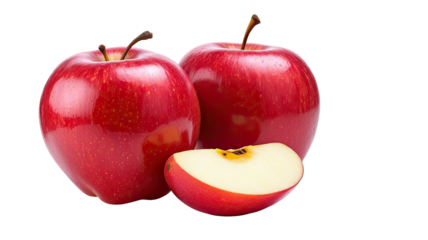 Three ripe red apples, one sliced, against a transparent background