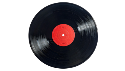Top-down shot of a black vinyl record with a red label