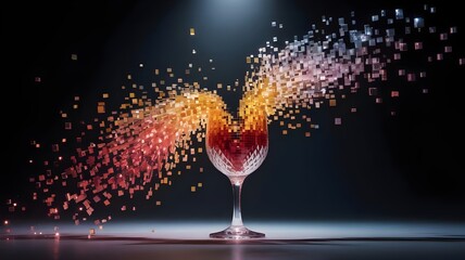Wine glass shattering into colorful geometric pixel fragments