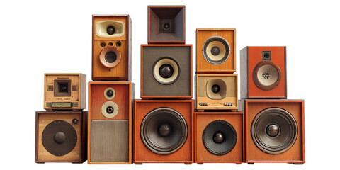 Pile of vintage speakers stacked in collection concept. Collection of vintage speakers in varied sizes and designs.