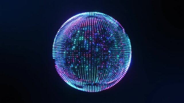 A vibrant, glowing digital globe with a mesmerizing pattern of neon pink, blue, and green lines and dots against a dark background.