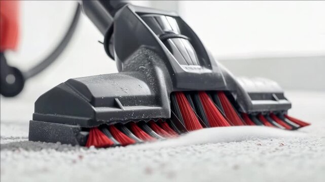 The vacuum cleaner is a top-of-the-line model with advanced features for optimal cleaning performance. Its brush head is designed to pick up debris from carpets and hard floors alike.
