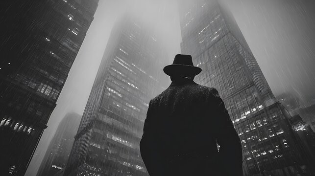 Mysterious silhouette of man with fedora in city.